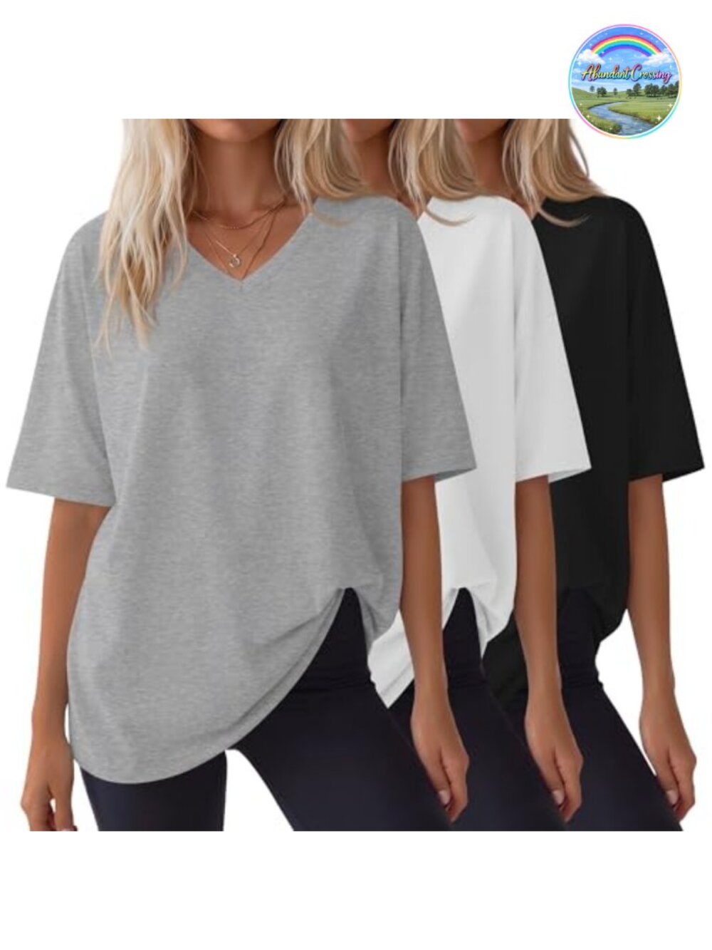 3 Pack Oversized V Neck T-Shirts for Women Drop Shoulder Cotton Blend